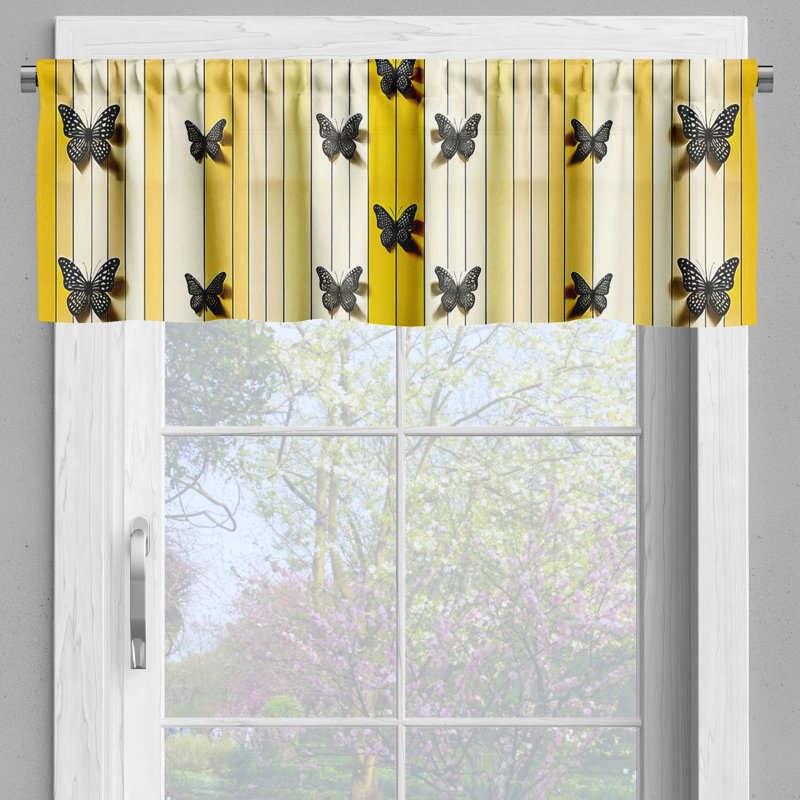 Mustard Grey Yellow Butterfly Striped Satin Rod Pocket Valance