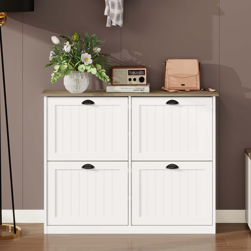 Shoe Storage Cabinet With 4 Flip Drawers, Freestanding Shoe Cabinet Organizer With Adjustable Shelf, Shoe Cabinet For Entryway,  Foyer, Slim Shoe Cabinet-White