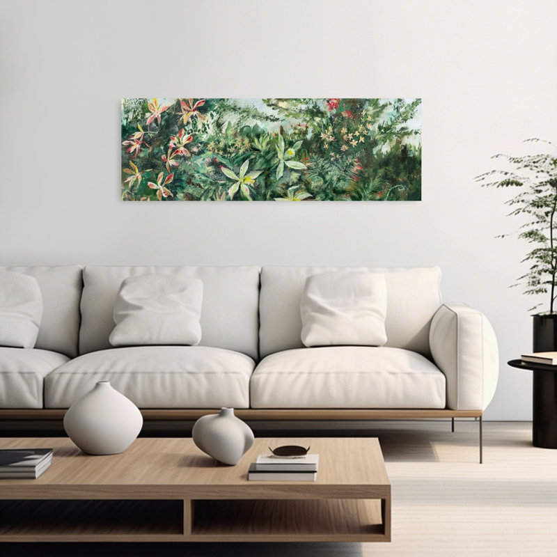 «Lush Tropical Blooms Delicate Vibrant Abstract Nature Tropical», art mural, H 16 po x l 48 po