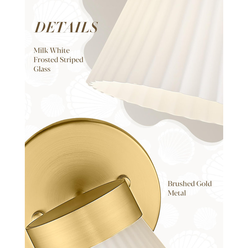 Steel Armed Sconce With Frosted Milk White Striped Glass Shade, Gold