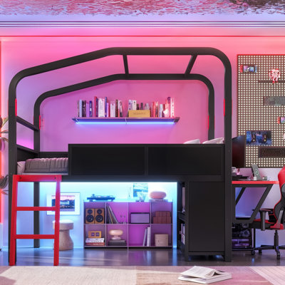Lit mezzanine double pleine grandeur avec bureau latéral et ports USB, lit mezzanine en métal de style jeu avec lumières à DEL, armoires de rangement et auvent chic, noir