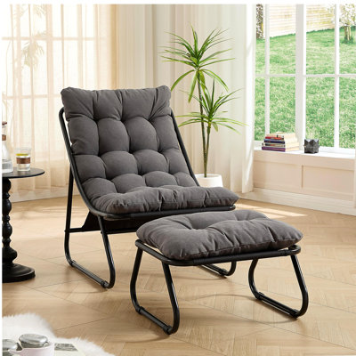 Patio Outdoor Lounge Chair with Ottoman, Comfy Sling Recliner Chair with Puffy Cushion and Foot Stool, Ideal for Living Room, Bedroom, Reading Room, frame with pink Cushion