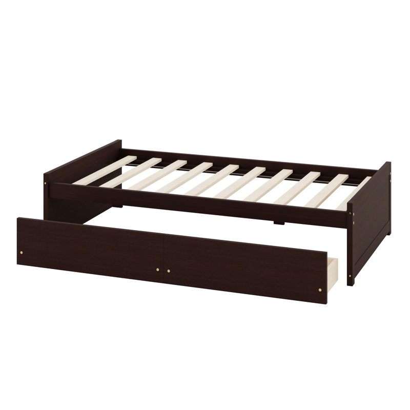 Solid Rubber Wood Bed With 2 Drawers For Storage, Espresso