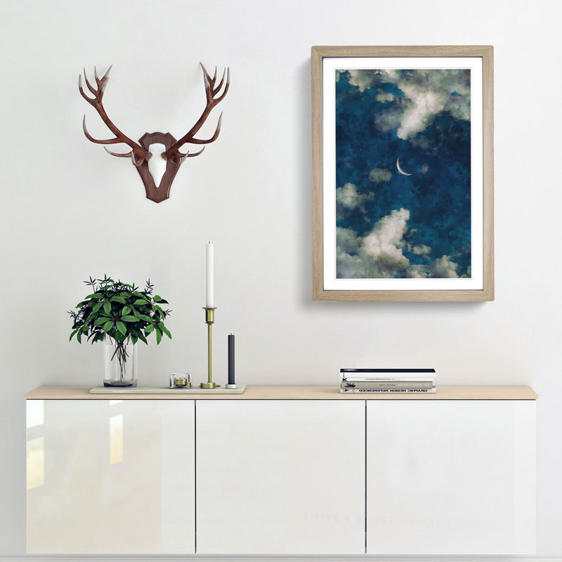 Crescent Moon Through The Clouds - Single Picture Frame Painting on MDF, 87cm H x 62cm W x 2cm D, Oak Framed