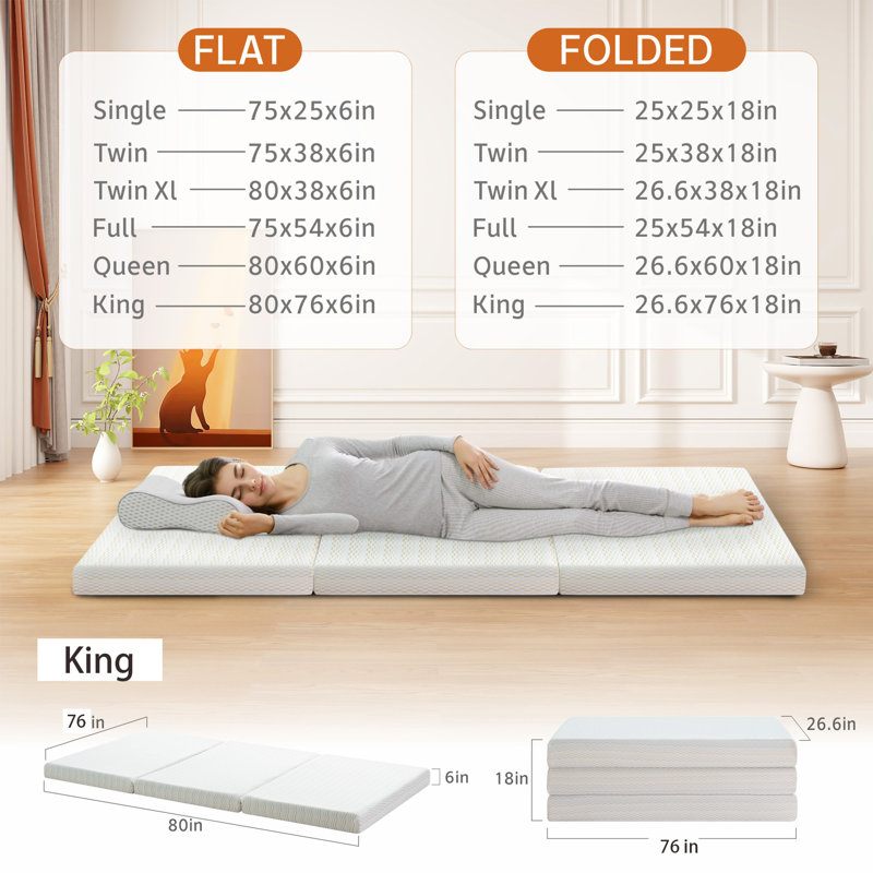  Alwyn Home & Bundaberg Foldable  6'' Memory Foam Folding Murphy Bed Mattress With Washable Cover for Camping, King