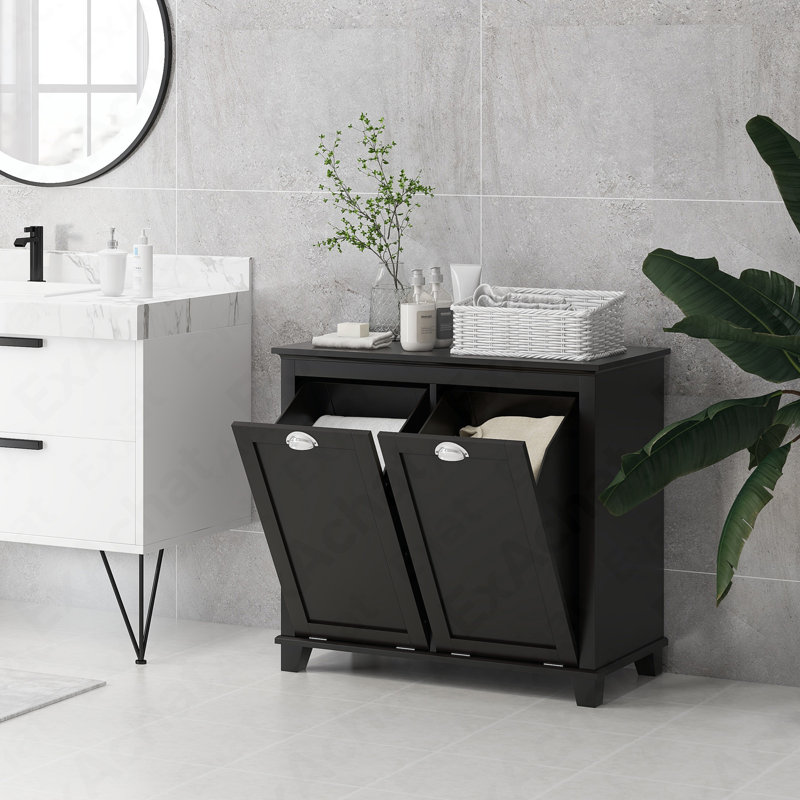 Armoire à linge double inclinable, armoire de rangement pour salle de bain avec panier à 2 compartiments, armoire de plancher moderne pour salle de bain, noir