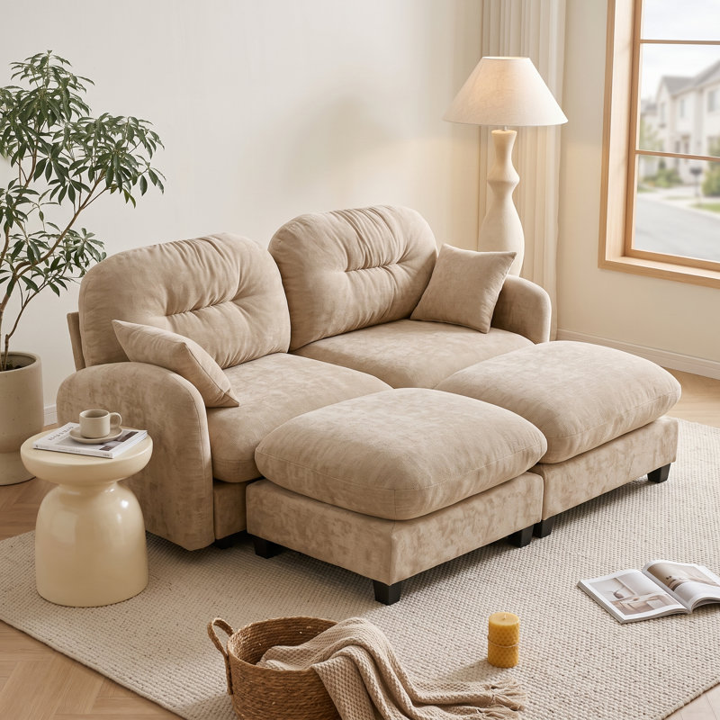 Canapé modulaire minimaliste en chenille plissée avec 2 poufs, canapé 2 places en forme de U, couleur camel
