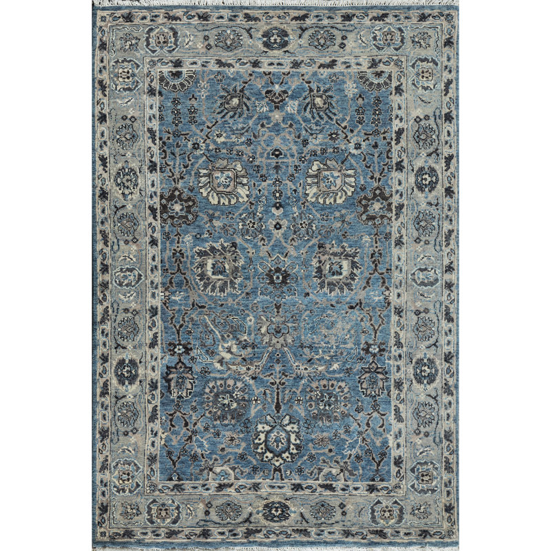 Tapis bleu clair et gris clair noué à la main de haute qualité, Rectangle 4 pi x 6 pi