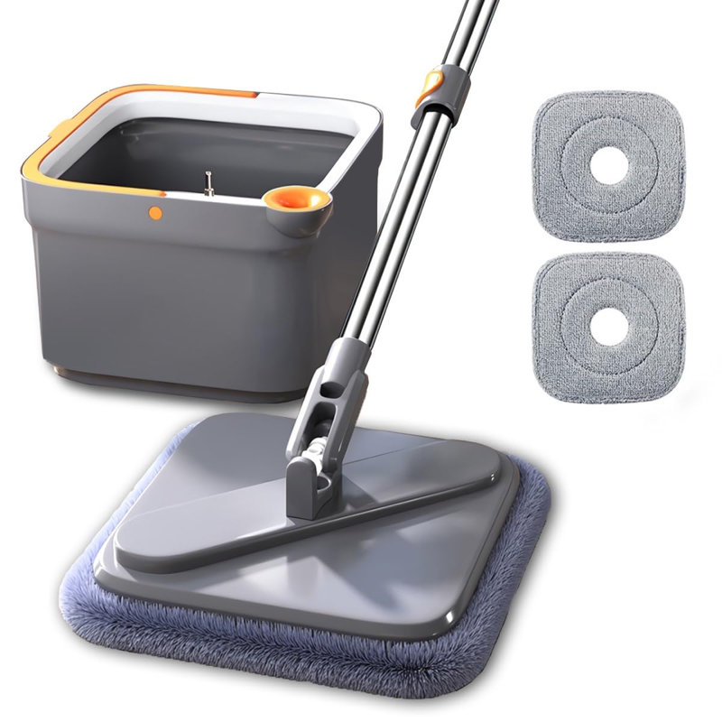 Spin Mop And Bucket System, Includes Dual Compartment Mop Bucket With Thick Washable Microfiber Pads For Home Cleaning (Mop Set)