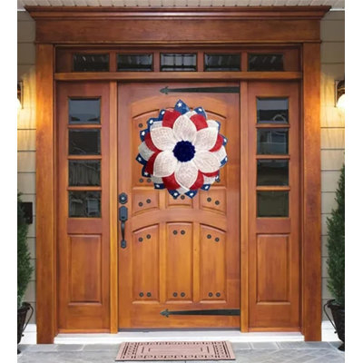 Patriotic Red White Blue Burlap Flower Front Door Wreath, American Flag Color Independence Day Hanging Decor Wreath for Home Window Porch Wall 4th of July Holiday Ornament
