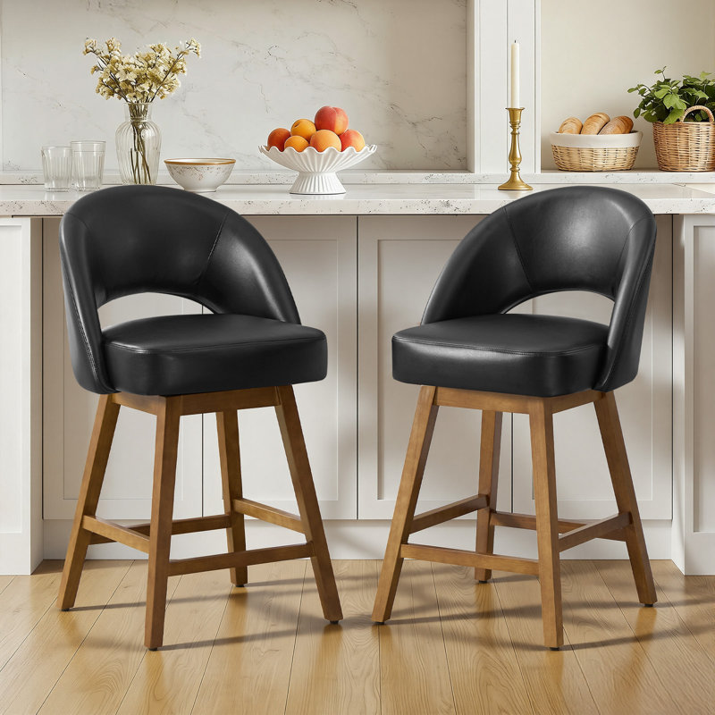 26.4" Swivel Counter Bar Stool With Pocket Spring Seat & Solid Rubberwood Frame, Cutout Arched Back, Black