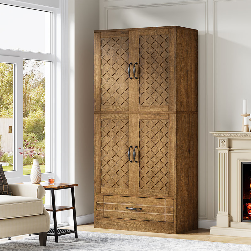 Tall Brown MDF Bookcase with Diamond Carved Cabinet and Drawer