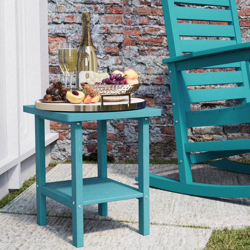 Adirondack Outdoor Side Table, All Weather Use Double Layer Patio Side Table, HIPS Rectangular End Table, Blue