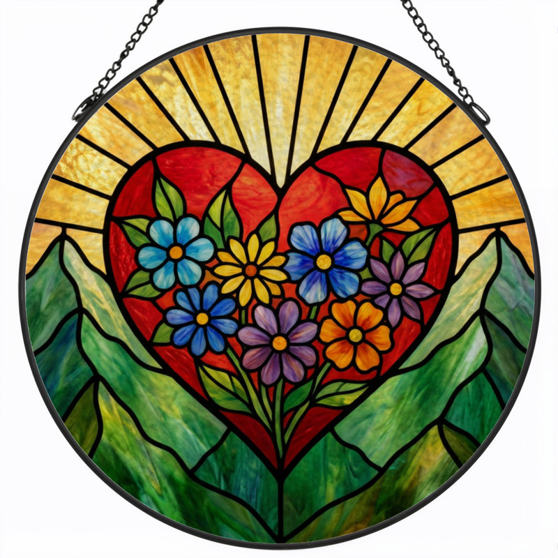 Panneau de vitrail 12 "H Heart Flowers, H 12 po x l 12 po