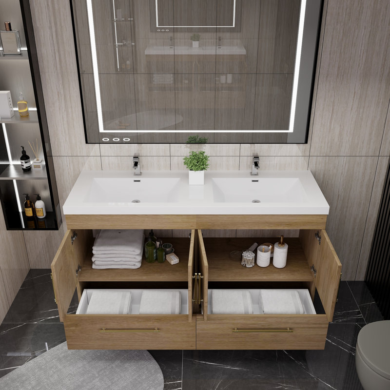 Meuble-lavabo double autoportant 59 po avec plateau en acrylique Carliss, Chêne blanc