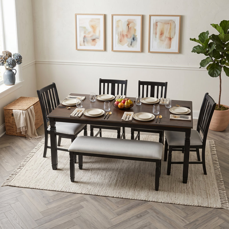Ensemble de table de salle à manger 6 pièces avec 4 chaises rembourrées et banc, Espresso Black