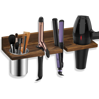 Hair Tool Organizer Wall Mounted - Wooden Dryer Holder,Brown