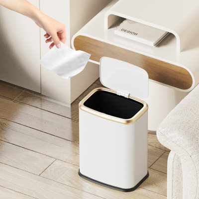 2.1 Gal Slim Touch‑Top Bathroom Trash Can–Stainless Steel Garbage Can, w/ Removable Inner Bucket, Includes 60 Bags, for Bathroom, Bedroom, Office (White)