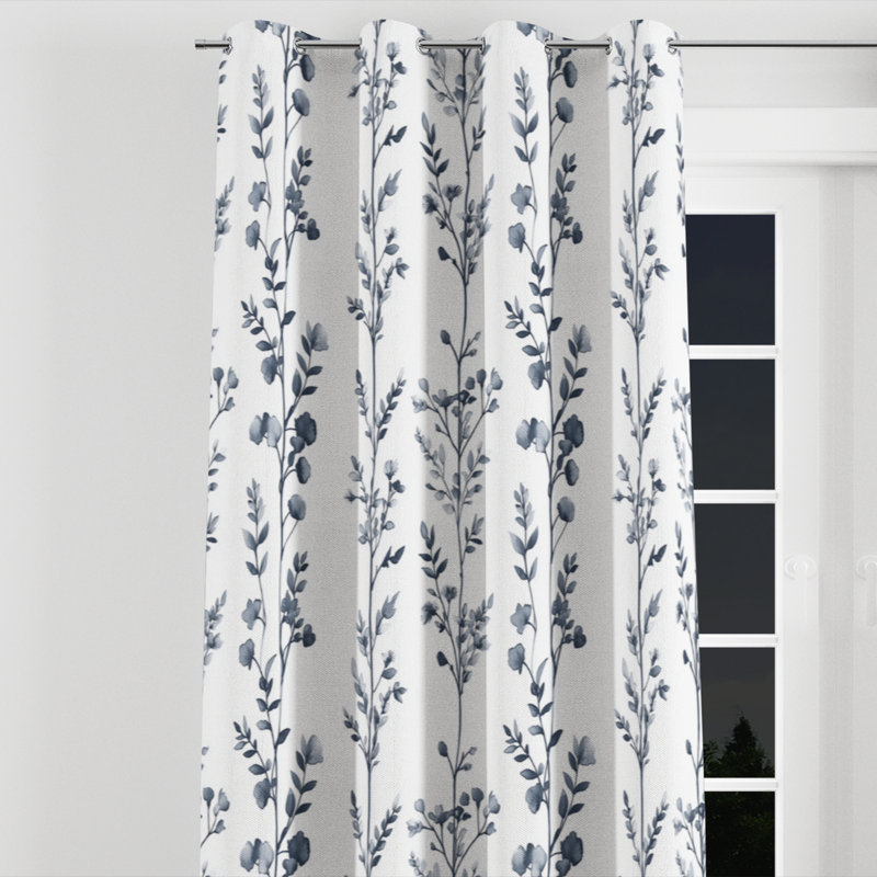 Country Farmhouse Room Darkening Curtains - Blue Botanical Toile Grommet Curtain - 1 Panel, 52" W x 84" L, Silver Grommets