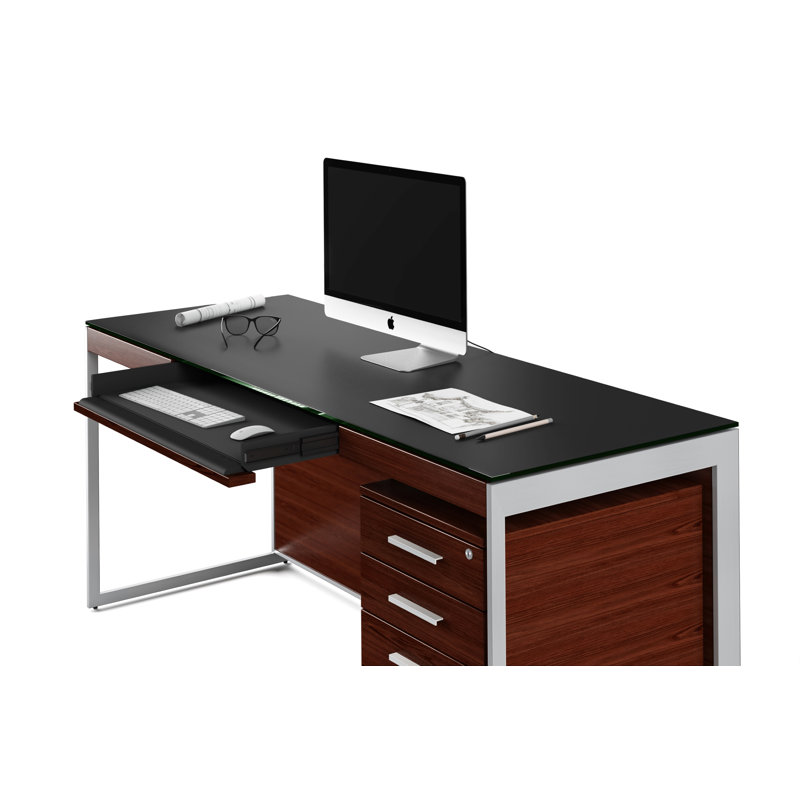 Bureau avec retour Sequel, Noyer teint de couleur chocolat / nickel satiné