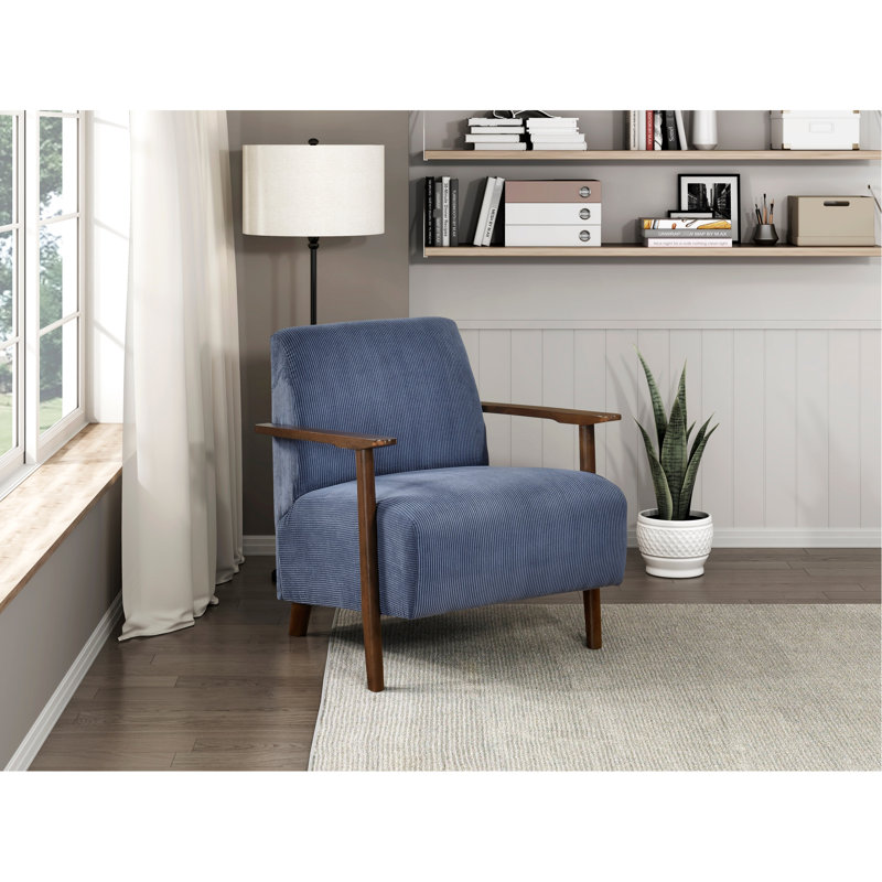 Chaise d'appoint moderne, bois massif et contreplaqué avec accoudoirs en velours côtelé, rembourrage en mousse, Bleu