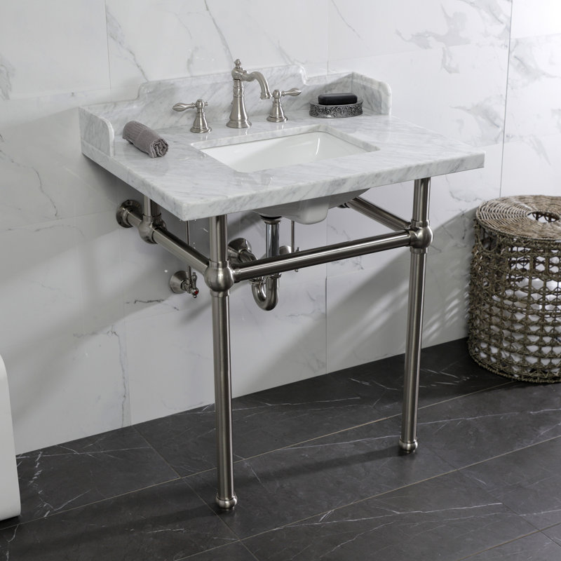 Kingston Brass Pemberton 30-Inch Carrara Marble Console Sink with Brass Legs (8-Inch, 3-Hole), White/Silver
