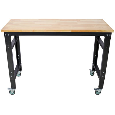 Établi - Établis roulants de 48 po de largeur pour le garage - Hauteur réglable, banc pour outils d'atelier, plateau en métal avec plateau en bois d'hévéa, pied martelé noir
