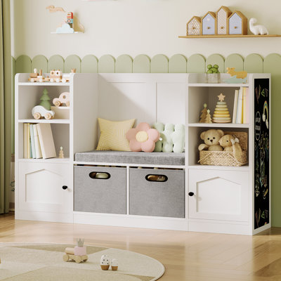 Toy Storage Organizer, 2-tier Kids Bookcases with Chalkboard, Toy Cabinet With Stuffed Animal Storage, Seat Cushion, 2 Storage Bins