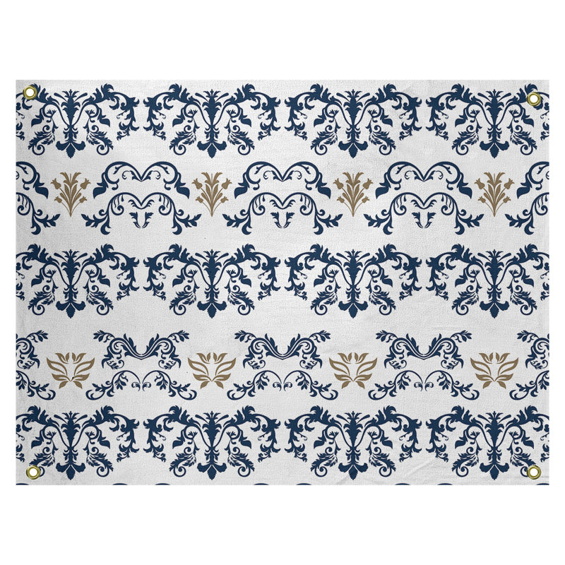 Tapisserie baroque en polyester polyester St Louis, Blanc / bleu marine / gris, H 59 po x l 80 po