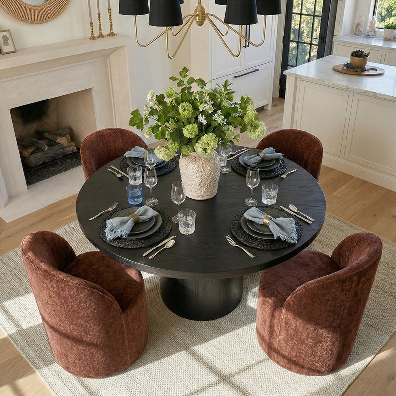 Ensemble de table de salle à manger pour 4 personnes avec table ronde en bois massif et 4 chaises rembourrées en chenille