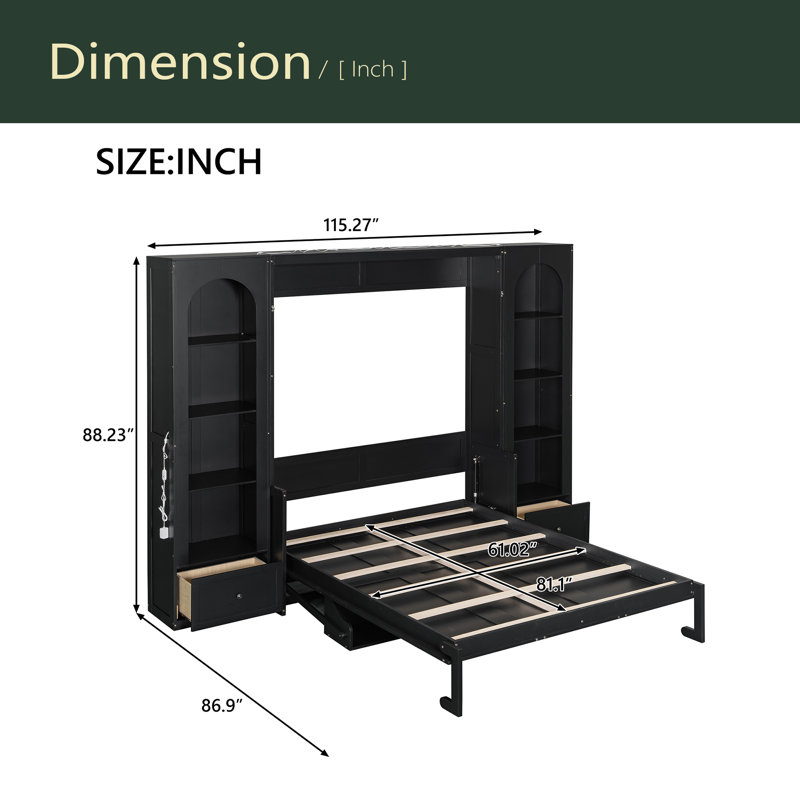 Queen Size Murphy Platform Bed With Shelf, Side Cabinets, Drawers And LED, Black
