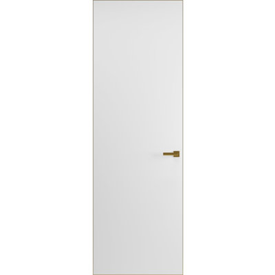 Porte moderne en bois massif avec poignée dissimulée, modèle Planum 0010, apprêtée avec cadre invisible doré, 107 cm x 213 cm, ouverture extérieure à droite, charnières dorées, poignée de verrouillage, armoire moderne, portes en bois massif.
