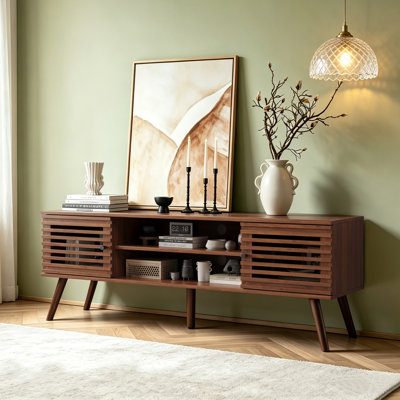 53" Mid Century Modern Tv Stand For 50/55/60 Inch Tv, Tv Media Console With Slatted Doors For Tvs Up To 60", Entertainment Center With Storage For Living Room, Bedroom, Walnut
