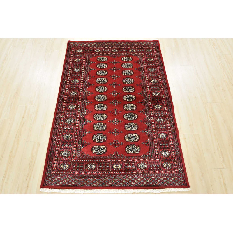 Tapis rouge en laine noué à la main de conception unique 4 pi 1 po x 5 pi 11 po