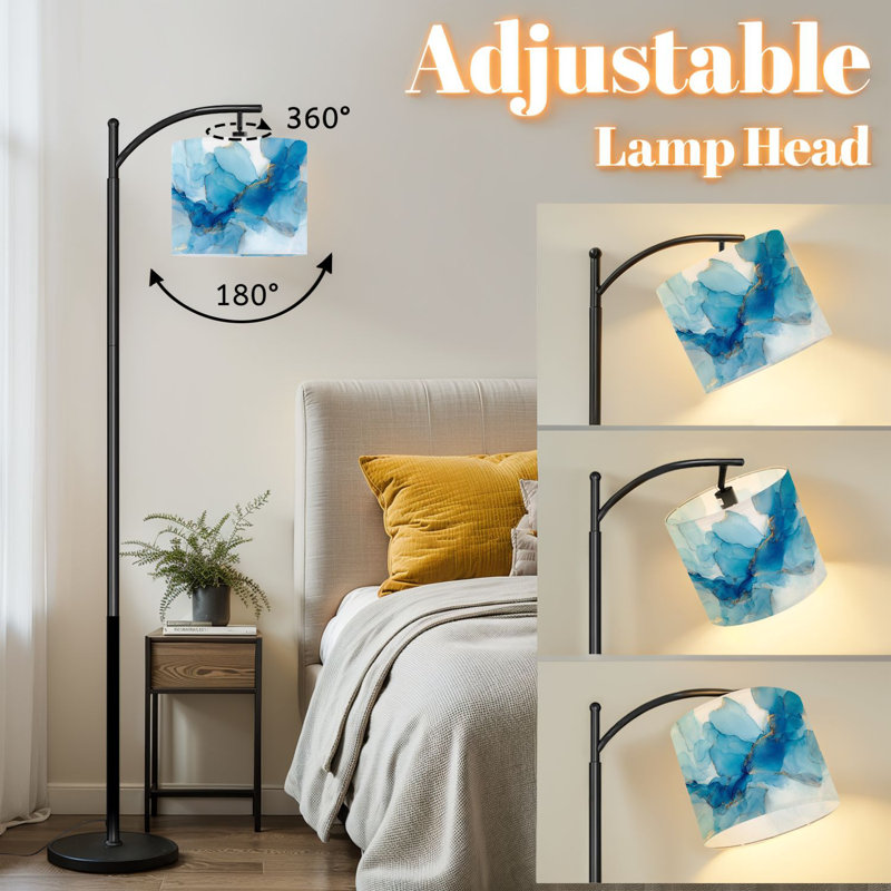 Lampe sur pied à arc avec abat-jour réglable, cyan, aquarelle liquide, taches dorées, sarcelle, turquoise, lampe sur pied, 3 températures de couleur, intensité variable, grand mât avec interrupteur au pied pour la chambre à coucher