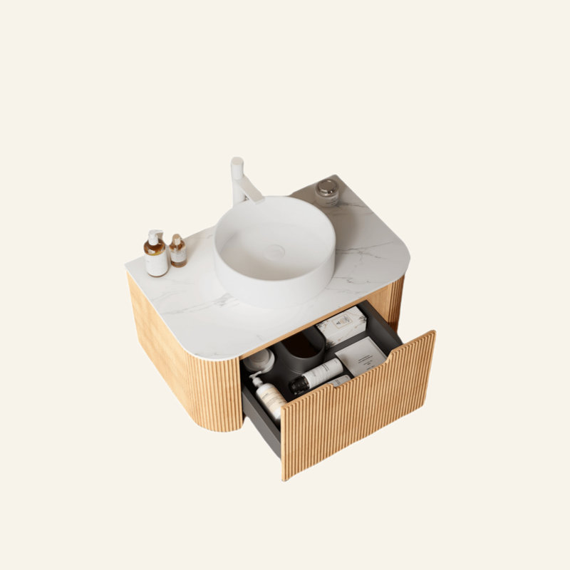 Meuble-lavabo de salle de bain 30 po avec lavabo, meuble-lavabo mural moderne à bords arrondis et courbes avec tiroir, lavabo rond en céramique blanc sans robinet, pré-assemblé