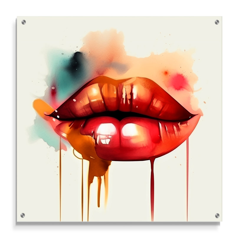 Red Lips Of Luxury I - Art mural acrylique tendance, H 16 po x l 16 po