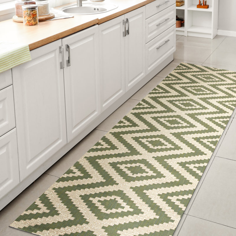 Fidel Diamond Tribal Green/Cream Indoor/Outdoor Rug, Runner 2'2" x 10'