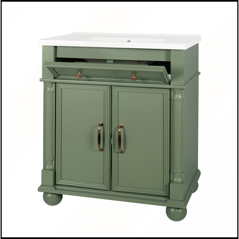 Meuble-lavabo de 27,8 pouces de style Mid-Century avec base de colonne romaine, lavabo sur pied Farmhouse et armoire de rangement haut de gamme