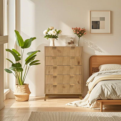 48.4" Wide Modern Dresser for Bedroom, 5 Drawers, Fluted Wood Chest with Metal Feet, Hallway Storage Cabinet