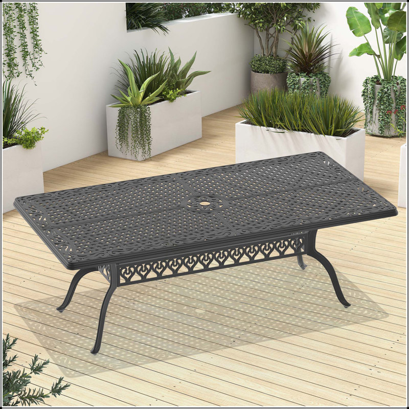 Table de salle à manger en aluminium coulé avec cadre noir et trou pour parasol L82,68 * l 41,34 po