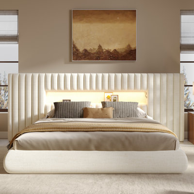 Barlow Modern Linen Blend Upholstered Platform Bed with Oversized Channel-Tufted Headboard, LED Light & USB Charging