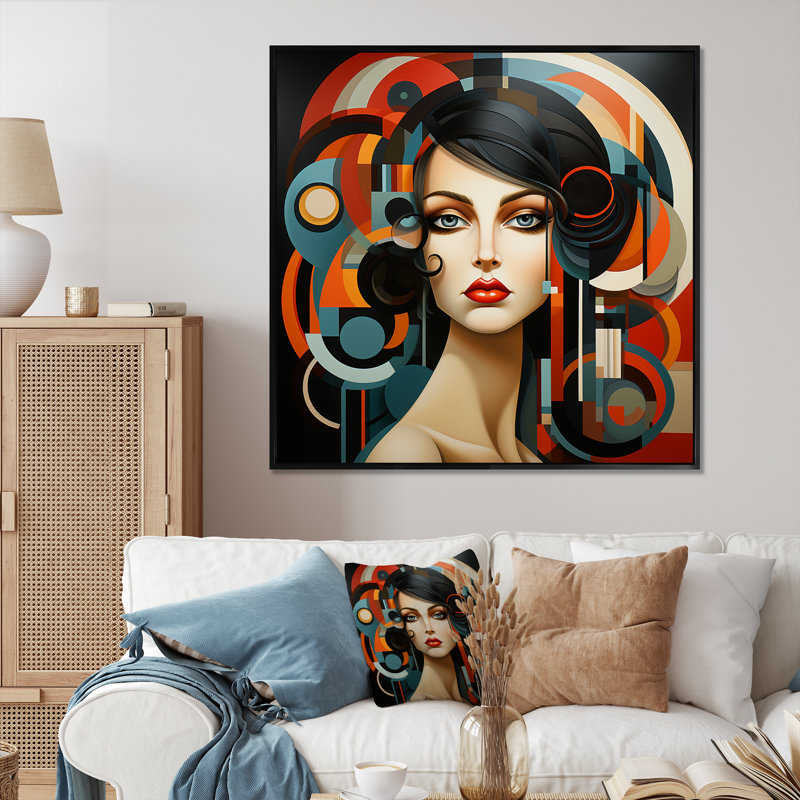 Cubisme Mulitcolor, femme, création II - cubisme, art mural, Cadre flottant noir, H 16 po x l 16 po x P 1 po