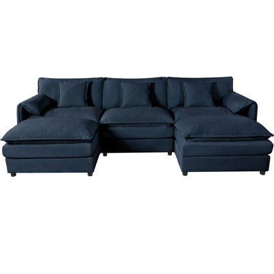 Modular Sectional Sofa With Oversized Deep Seats, 3-Seater U-Shaped Couch Set, 2 Movable Ottomans, Chenille Fabric, Blue
