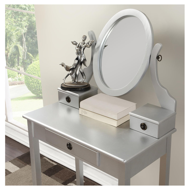 Moniya Silver Wood Makeup Vanity Table and Stool Set with Adjustable Oval Mirror and 3 Drawers