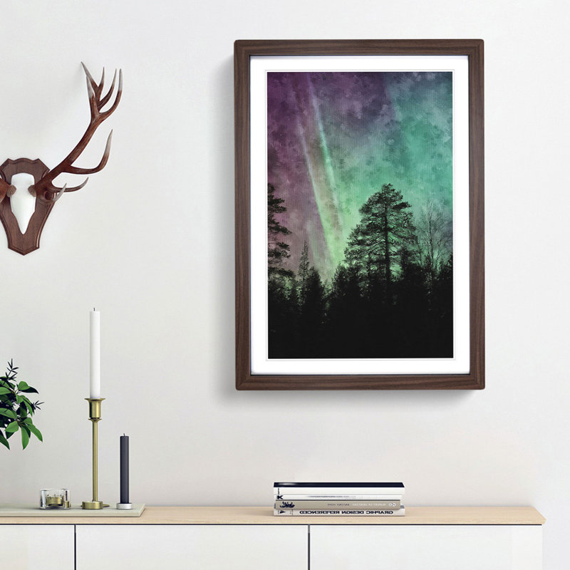 Northern Lights over the Forest - Picture Frame Graphic Art Print, 33cm H x 24cm W x 2cm D, Walnut Framed