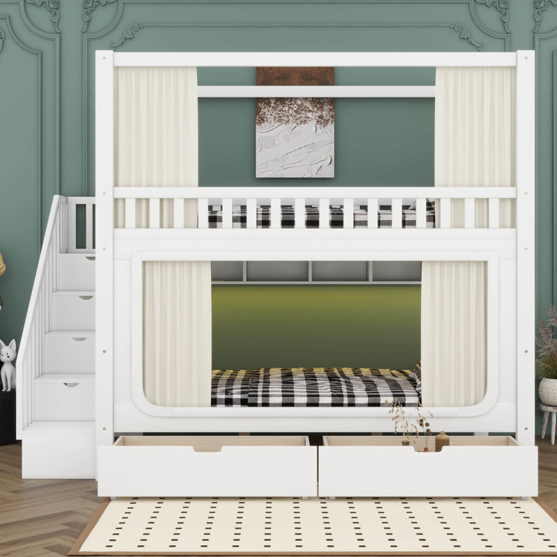 Full Over Full Bunk Bed With Privacy Curtains, Under Bed LED Lights, Storage Stairs And Drawers