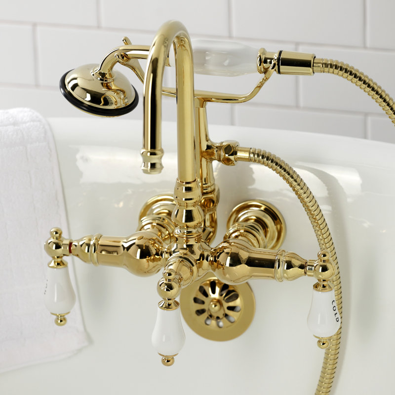 Kingston Brass Vintage Three-Handle 2-Hole Tub Wall Mount Clawfoot Tub Faucet with Hand Shower, Polished Brass