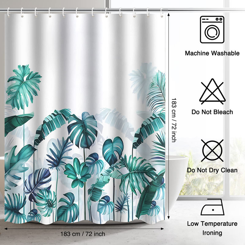Bathroom Shower Curtain with 12 Hooks, Green Floral 2