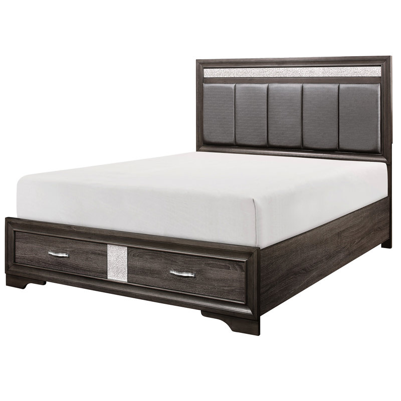 Contemporary Queen Platform Bed With Gray Upholstery, Silver Glitter Trim And Bedroom Storage Decor, Upholstered Headboard Drawers